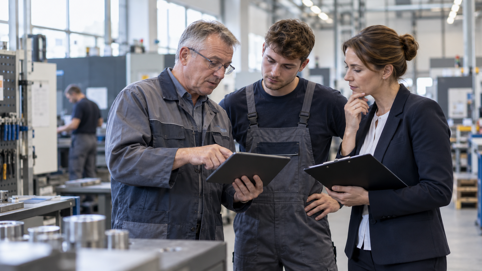 Experienced German industrial worker transferring operational knowledge to a younger technician and workforce manager