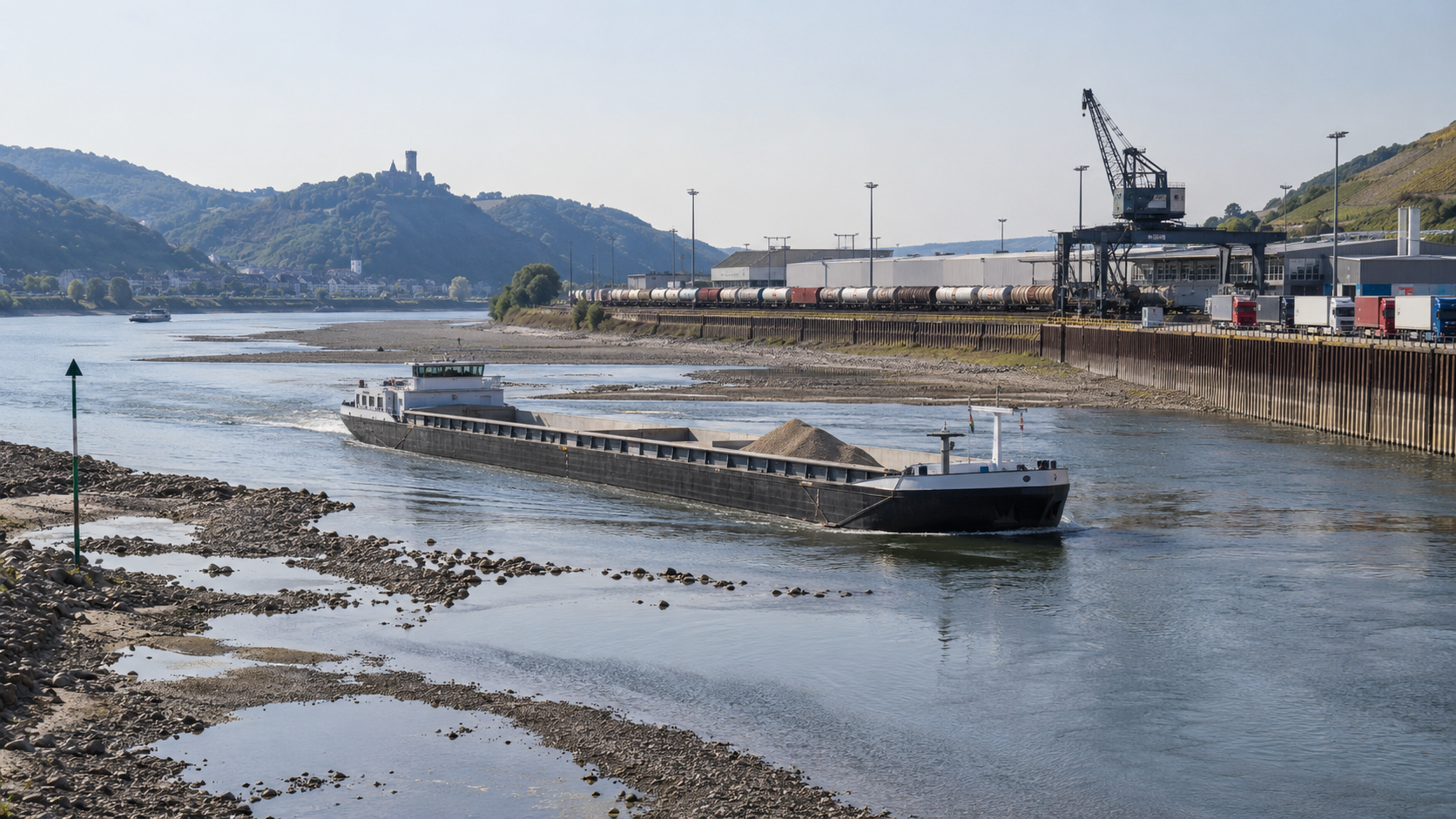 Cargo barge navigating the low Rhine beside freight rail, trucks and an industrial port