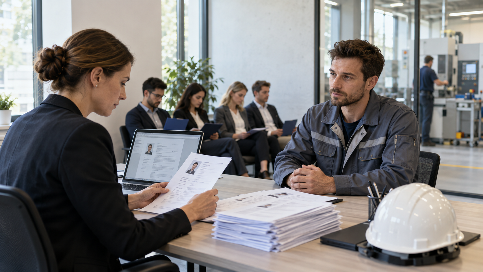 German industrial employer interviewing a skilled technical candidate beside a factory floor
