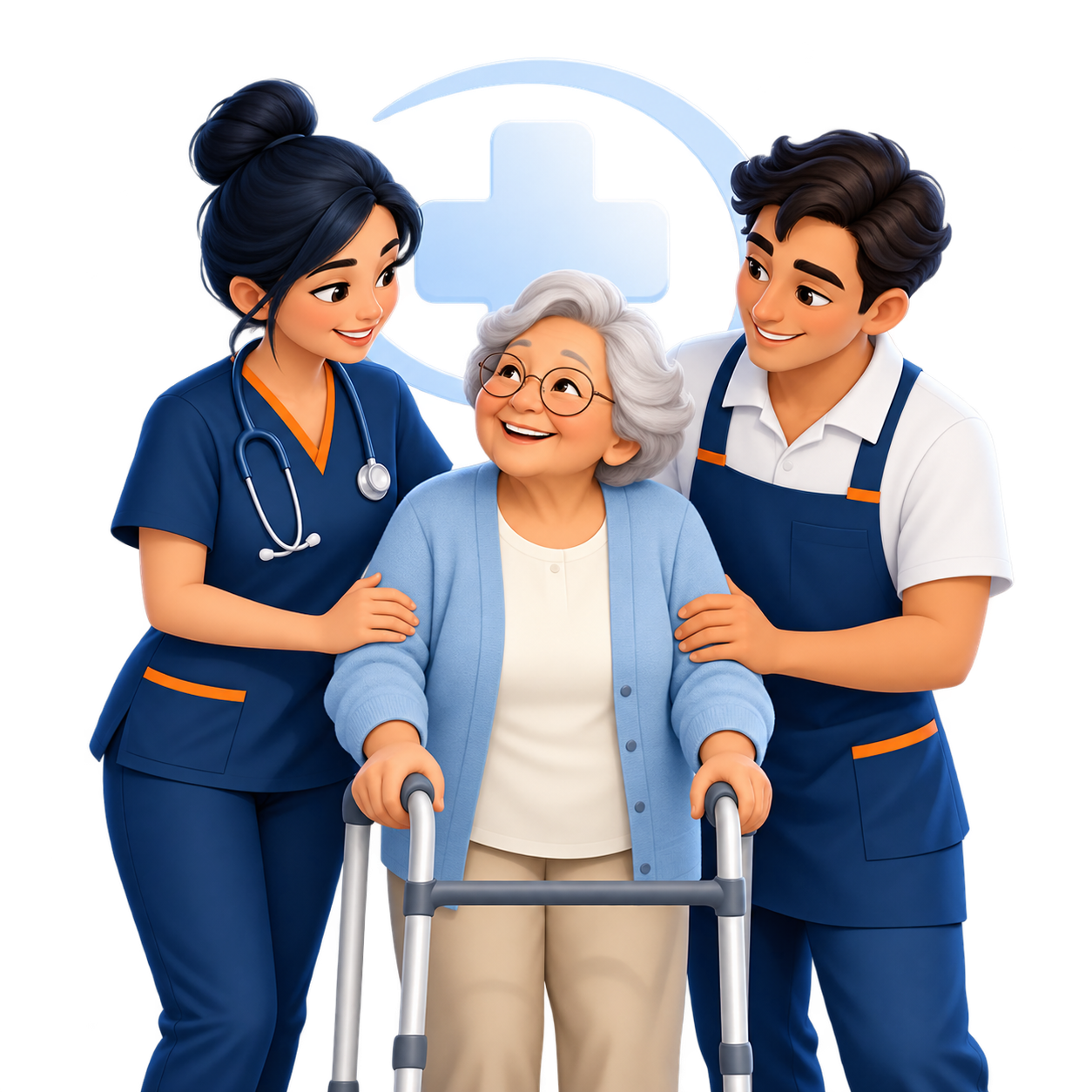 Healthcare professionals supporting an older adult