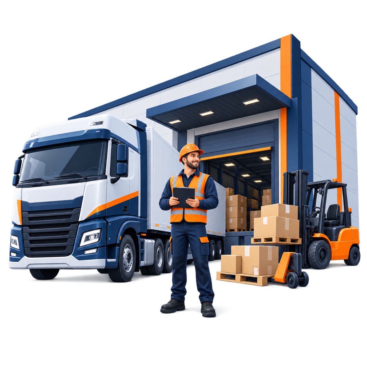 Logistics professional with a truck and warehouse equipment