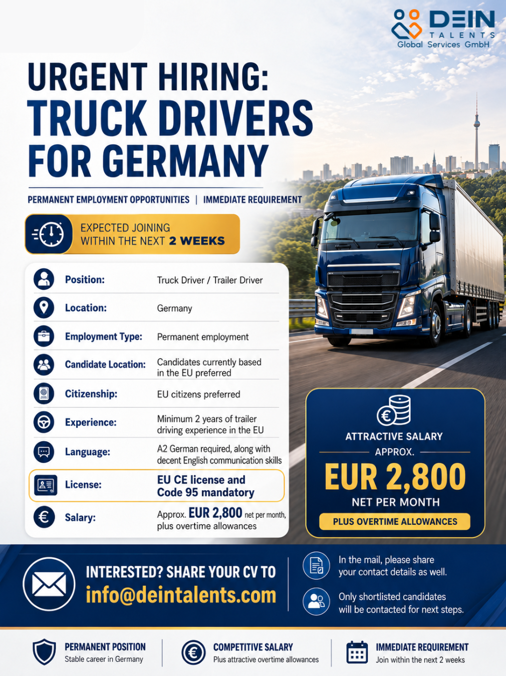DEIN Talents recruitment notice for CE Truck / Trailer Driver