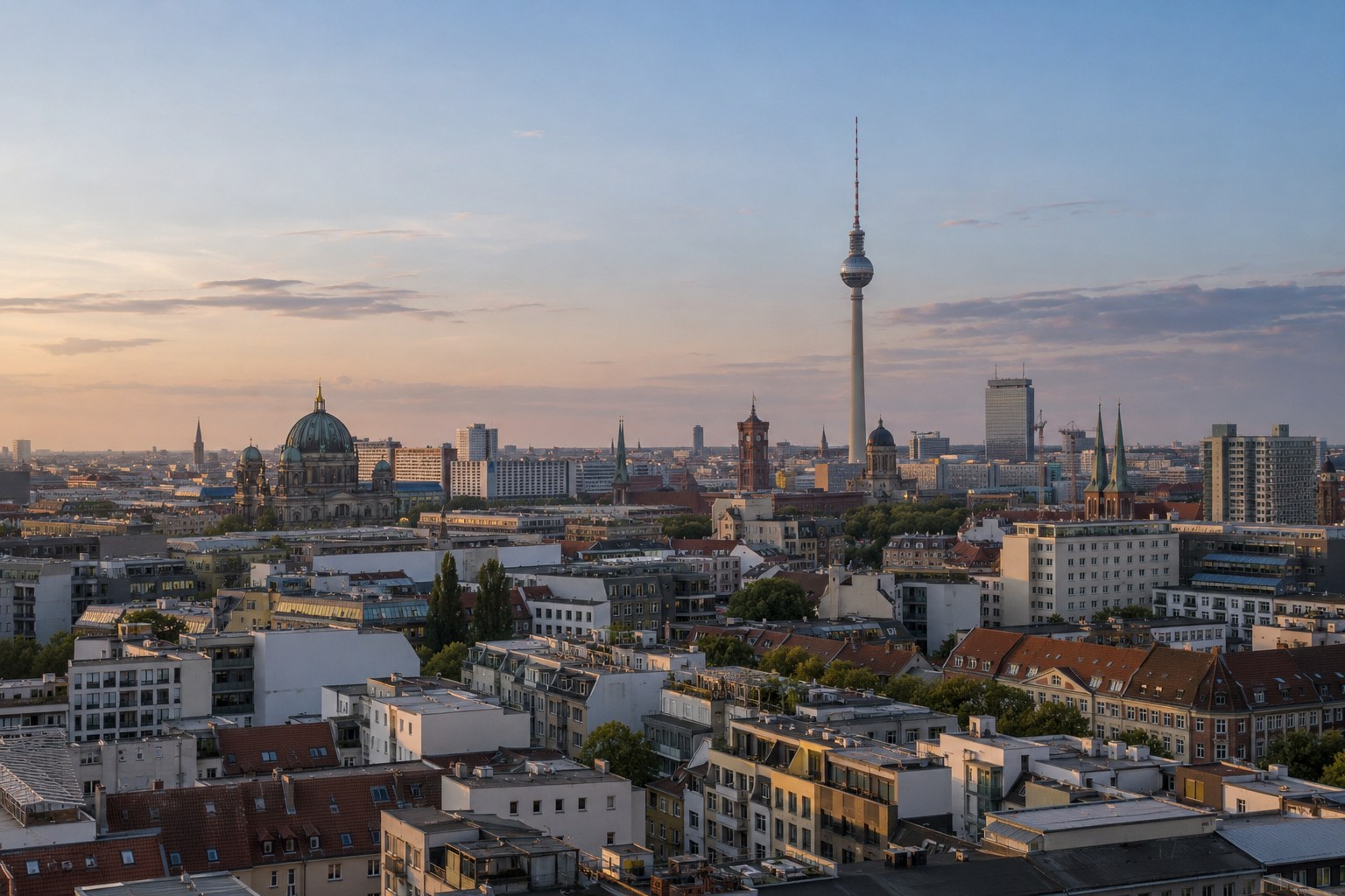 Berlin skyline with the television tower and city rooftops at dusk
